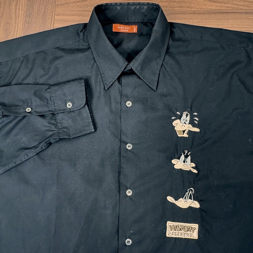 History Iceberg Button Down Shirt XL Black Daffy Duck Embroidered Vintage Y2K